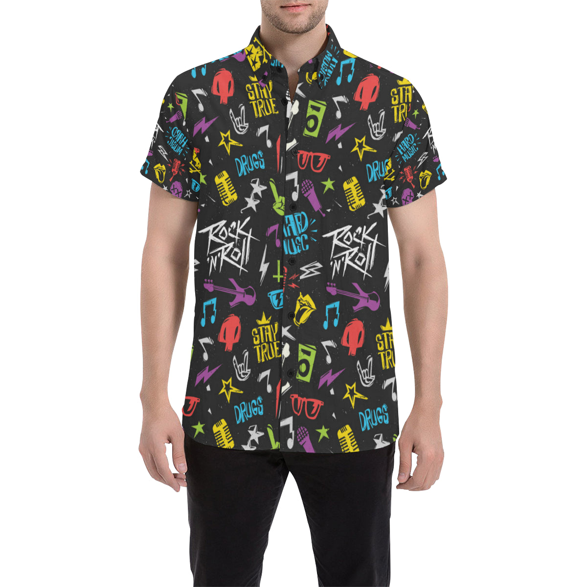 Rock and Roll Pattern Print Design A02 Men's Short Sleeve Button Up Shirt