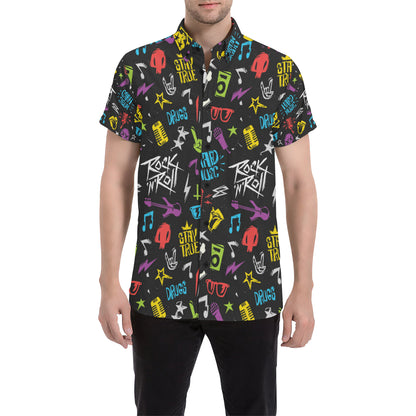 Rock and Roll Pattern Print Design A02 Men's Short Sleeve Button Up Shirt