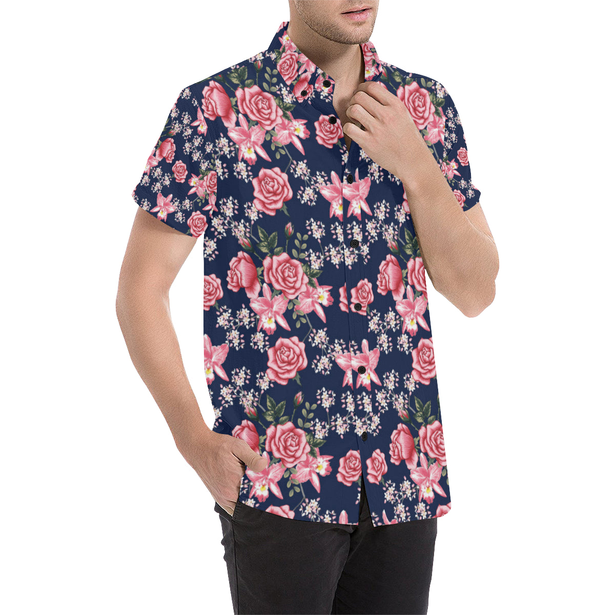 Rose Pattern Print Design A05 Men's Short Sleeve Button Up Shirt
