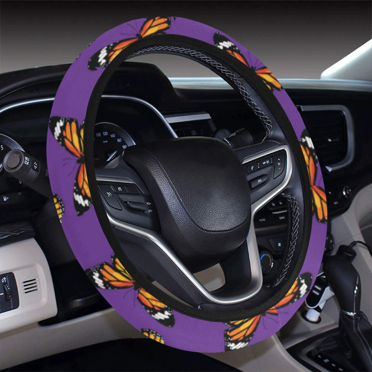 Monarch Butterfly Purple Print Pattern Steering Wheel Cover with Elastic Edge