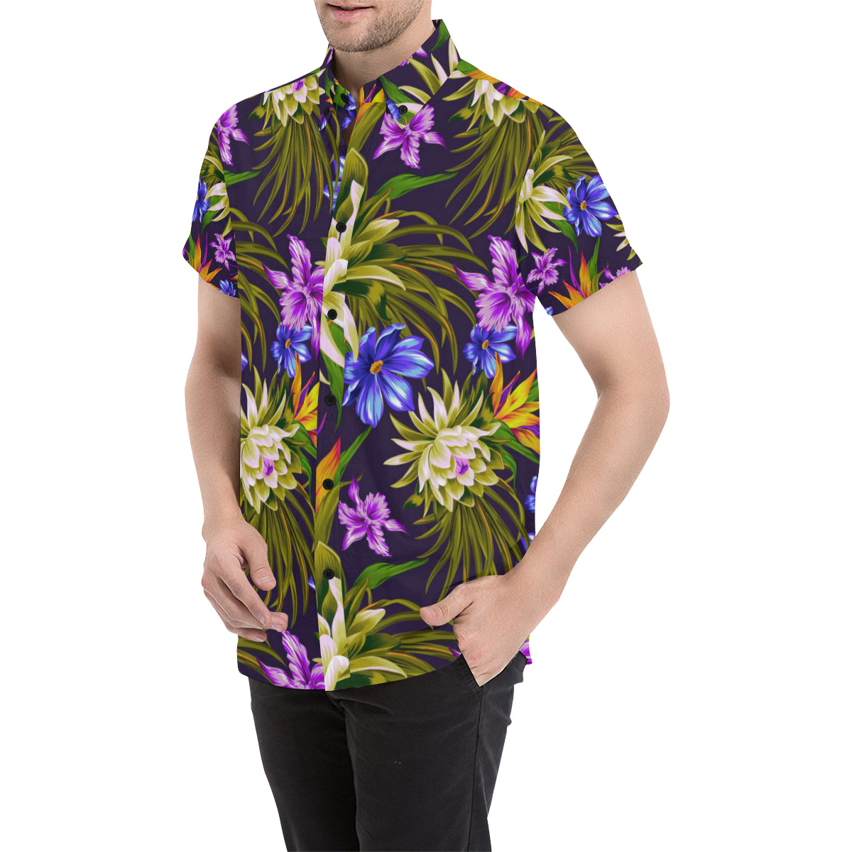 Water Lily Pattern Print Design WL08 Men's Short Sleeve Button Up Shirt