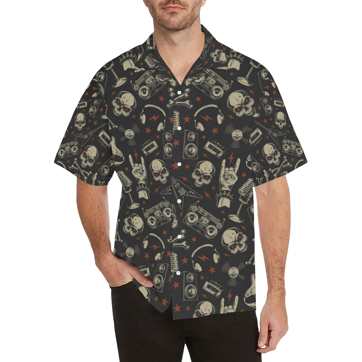 Rock and Roll Skull Pattern Print Design A03 Men's Hawaiian Shirt