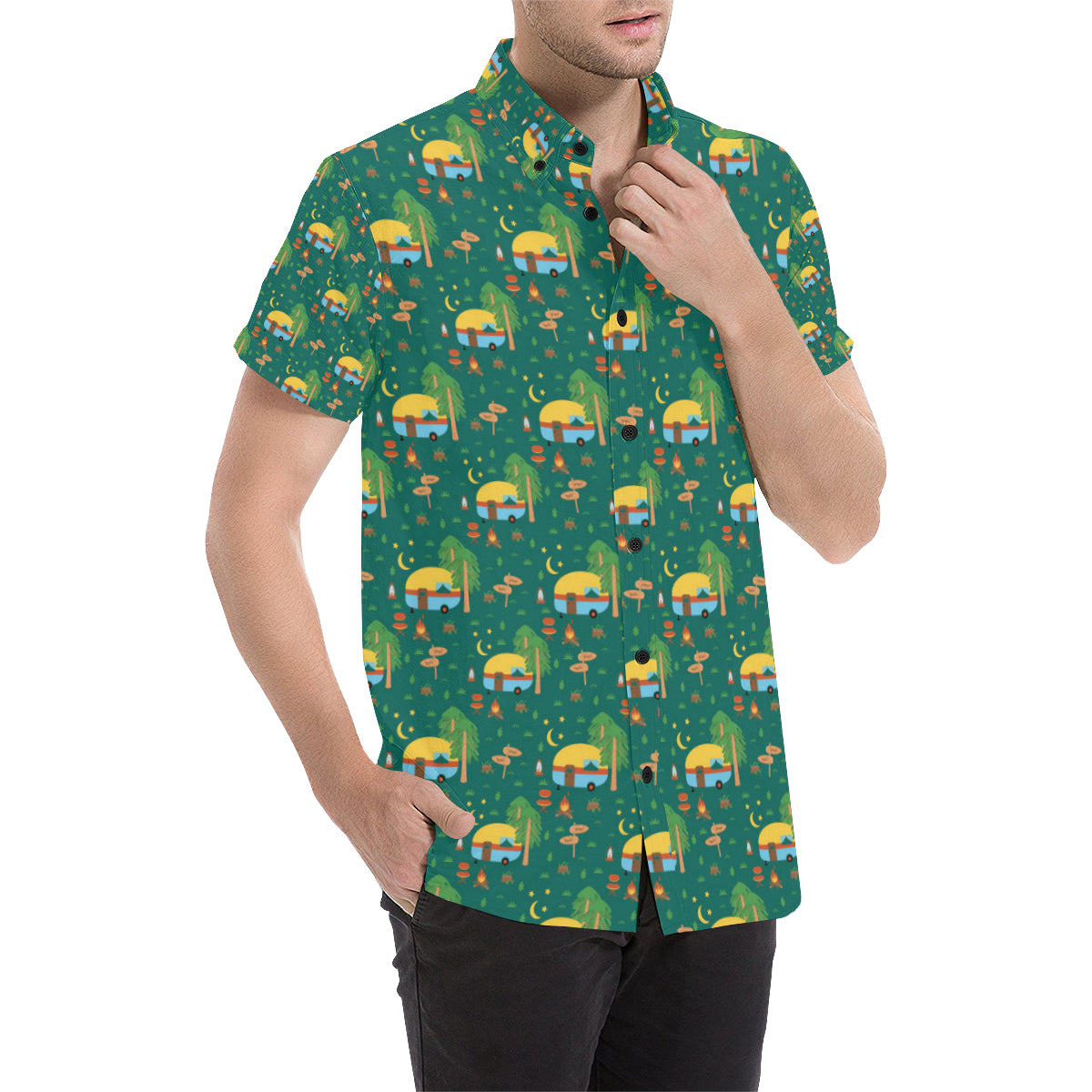 Camping Camper Pattern Print Design 06 Men's Short Sleeve Button Up Shirt