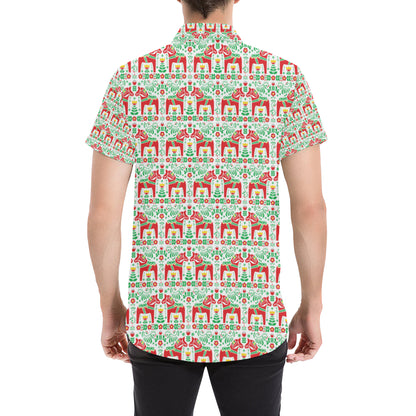 Swedish Dala Style Pattern Men's Short Sleeve Button Up Shirt