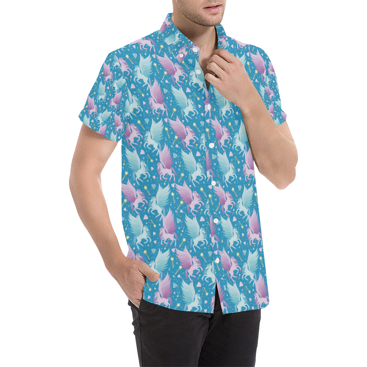 Pegasus Pattern Print Design 04 Men's Short Sleeve Button Up Shirt