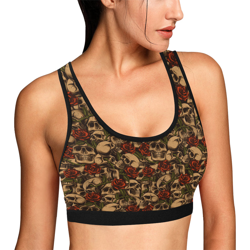 Skull Roses Vintage Design Themed Print Sports Bra