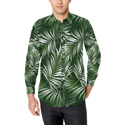 White Green Tropical Palm Leaves Men's Long Sleeve Shirt