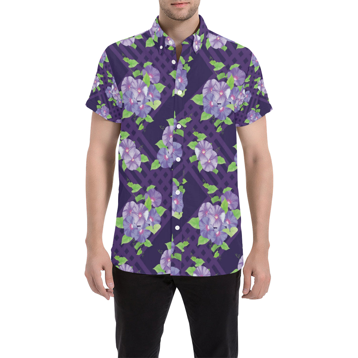 Morning Glory Pattern Print Design MG03 Men's Short Sleeve Button Up Shirt