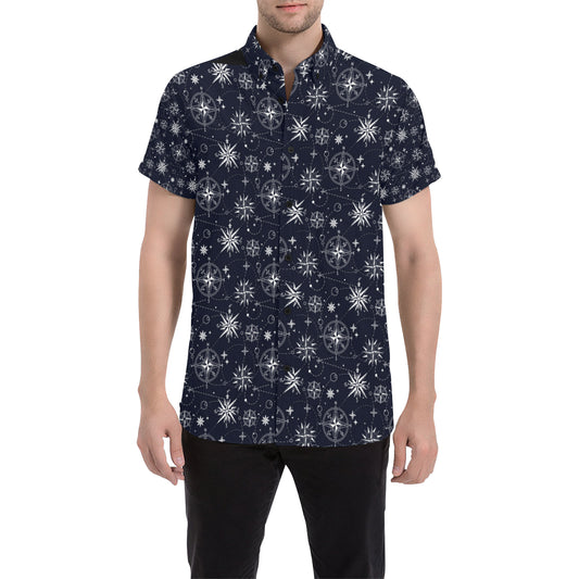 Nautical Sky Design Themed Print Men's Short Sleeve Button Up Shirt
