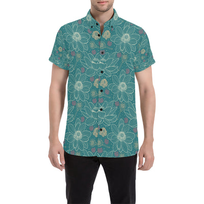 Lotus Pattern Print Design 01 Men's Short Sleeve Button Up Shirt