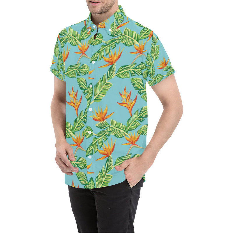 Bird Of Paradise Pattern Print Design BOP04 Men's Short Sleeve Button Up Shirt