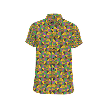 Kente Triangle Design African Print Men's Short Sleeve Button Up Shirt