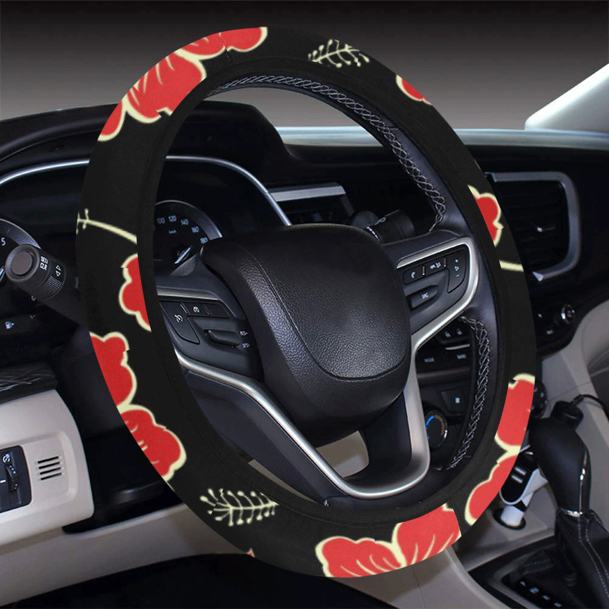 Red Hibiscus Pattern Print Design HB021 Steering Wheel Cover with Elastic Edge