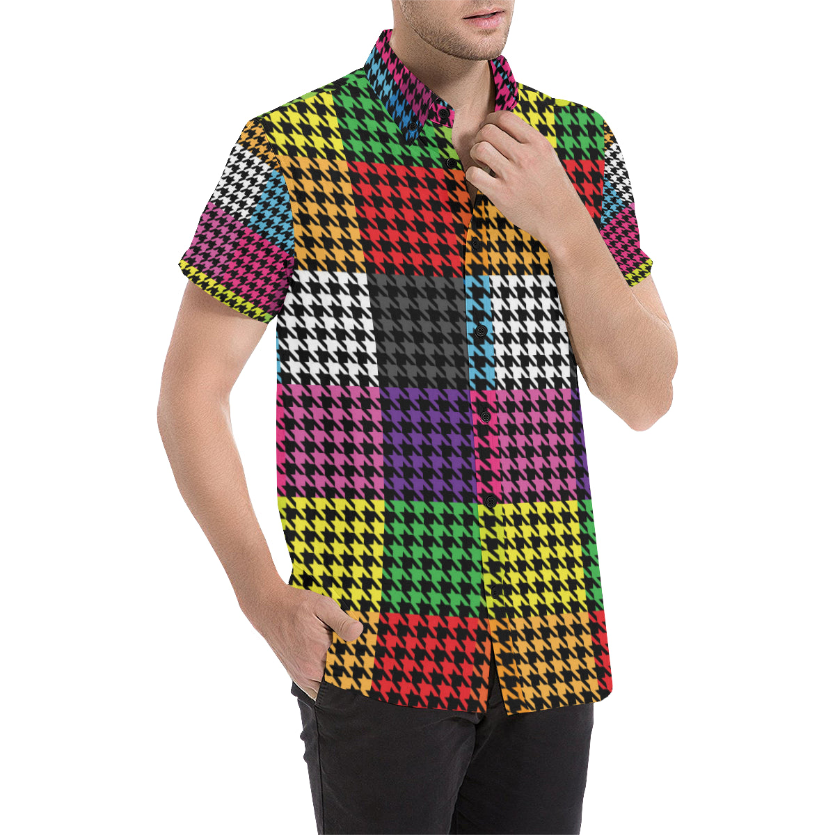 Houndstooth Colorful Pattern Print Design 01 Men's Short Sleeve Button Up Shirt