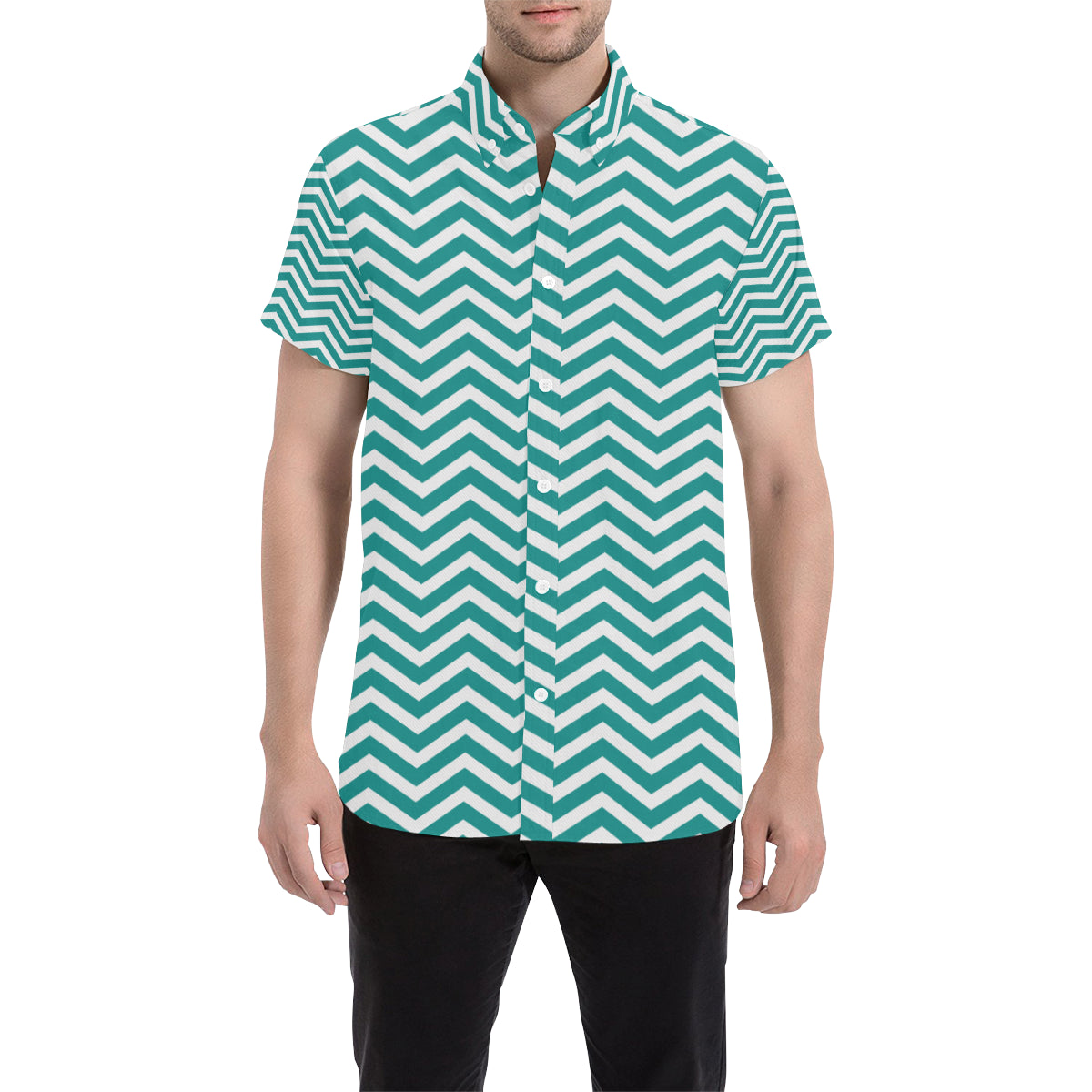 Chevron Teal Pattern Print Design 02 Men's Short Sleeve Button Up Shirt