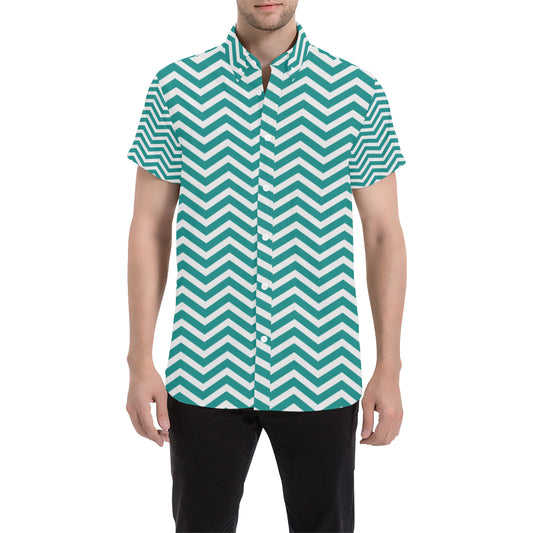 Chevron Teal Pattern Print Design 02 Men's Short Sleeve Button Up Shirt