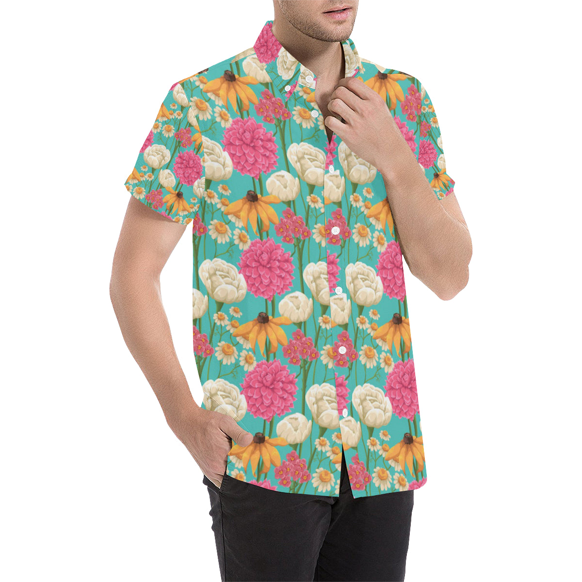 Summer Floral Pattern Print Design SF07 Men's Short Sleeve Button Up Shirt