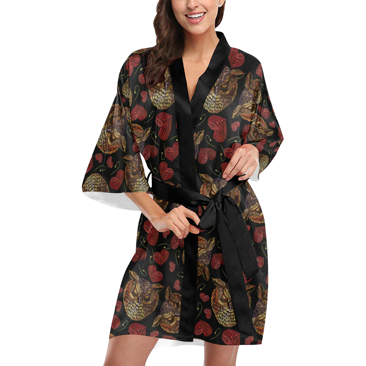 Owl Pattern Print Design A08 Women's Short Kimono