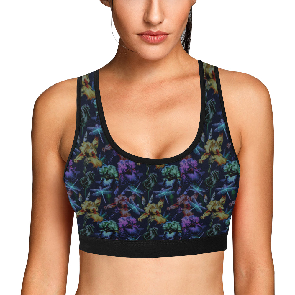 Dragonfly With Floral Print Pattern Sports Bra