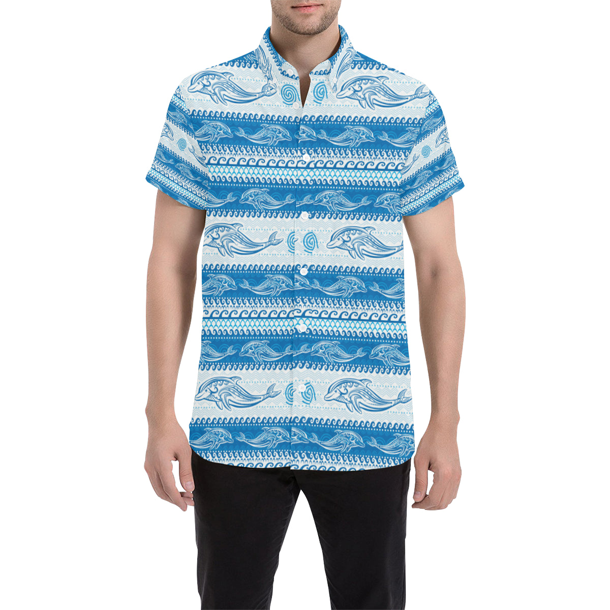 Dolphin Tribal Print Pattern Men's Short Sleeve Button Up Shirt