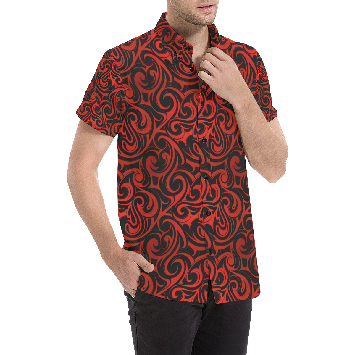 Maori Red Black Themed Design Men's Short Sleeve Button Up Shirt