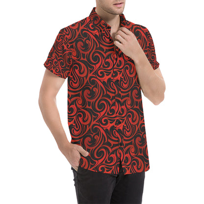 Maori Red Black Themed Design Men's Short Sleeve Button Up Shirt