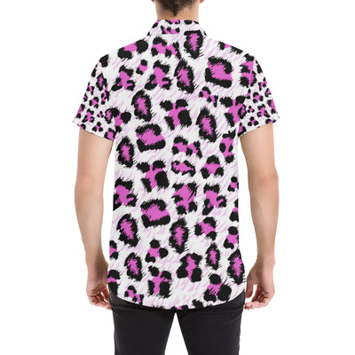 Leopard Pink Skin Print Men's Short Sleeve Button Up Shirt