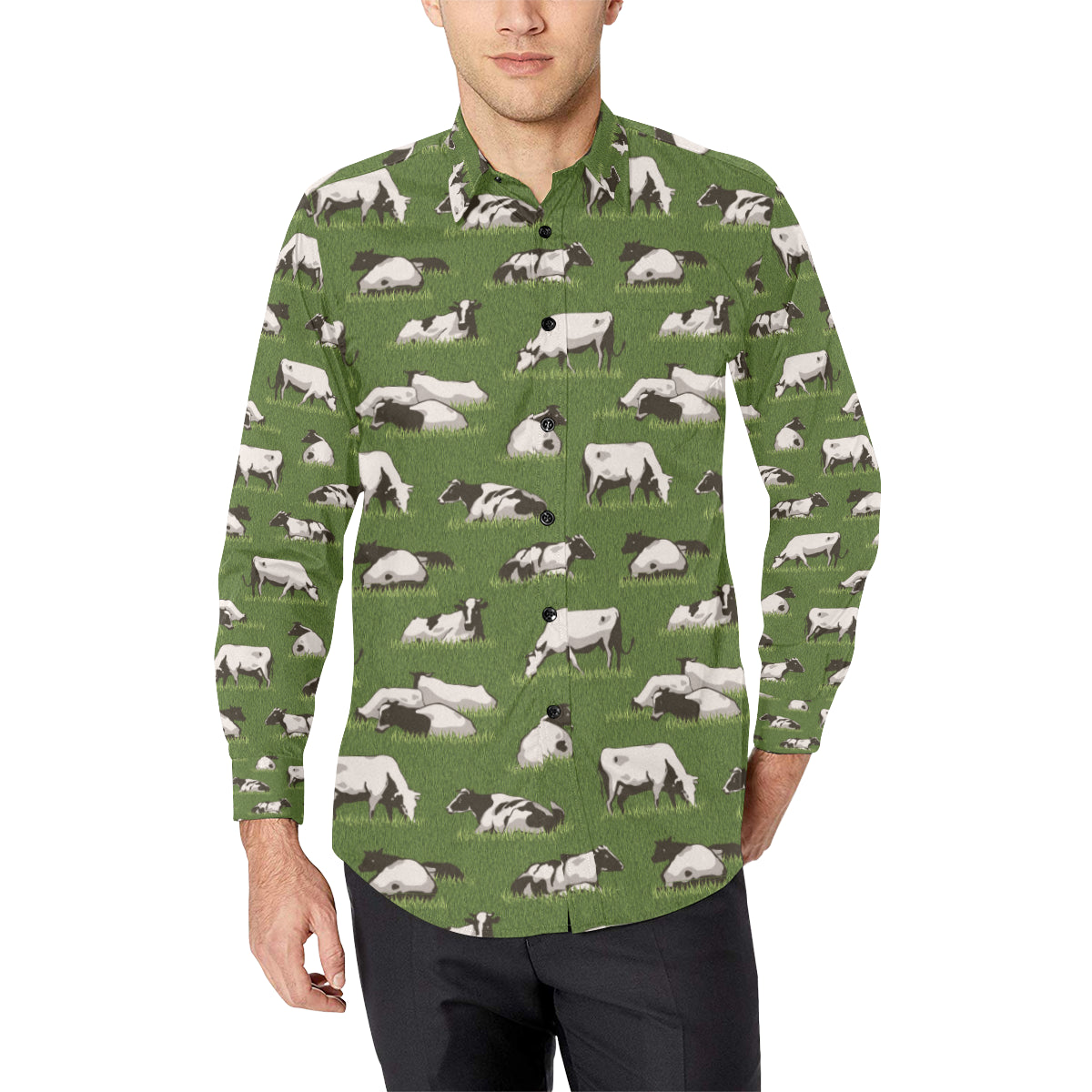 Cow on Grass Print Pattern Men's Long Sleeve Shirt