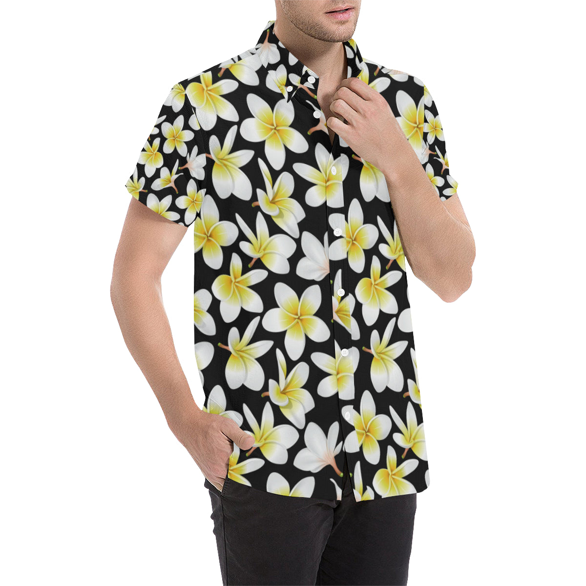 Yellow Plumeria Hawaiian Flowers Men's Short Sleeve Button Up Shirt