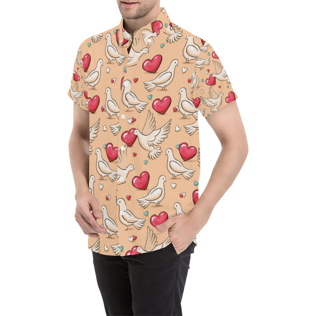 Pigeon Heart Pattern Print Design 04 Men's Short Sleeve Button Up Shirt