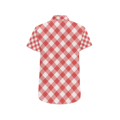 Gingham Red Pattern Print Design 01 Men's Short Sleeve Button Up Shirt