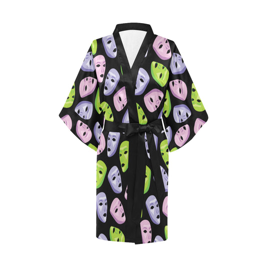 Acting Mask Pattern Print Design 04 Women's Short Kimono