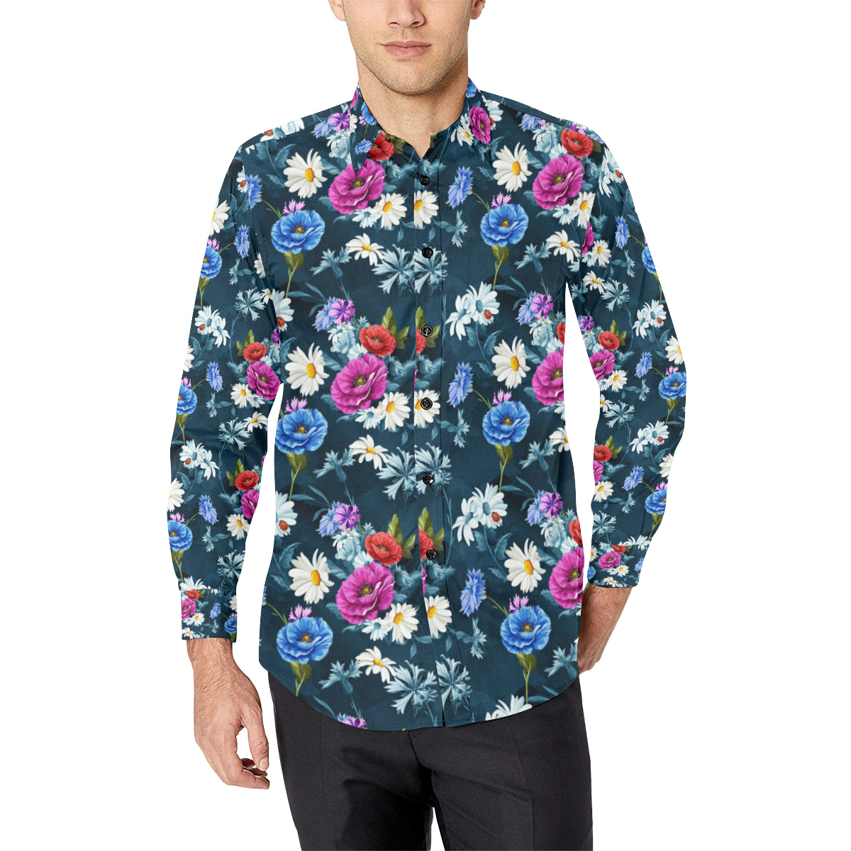 Floral Blue Themed Print Men's Long Sleeve Shirt