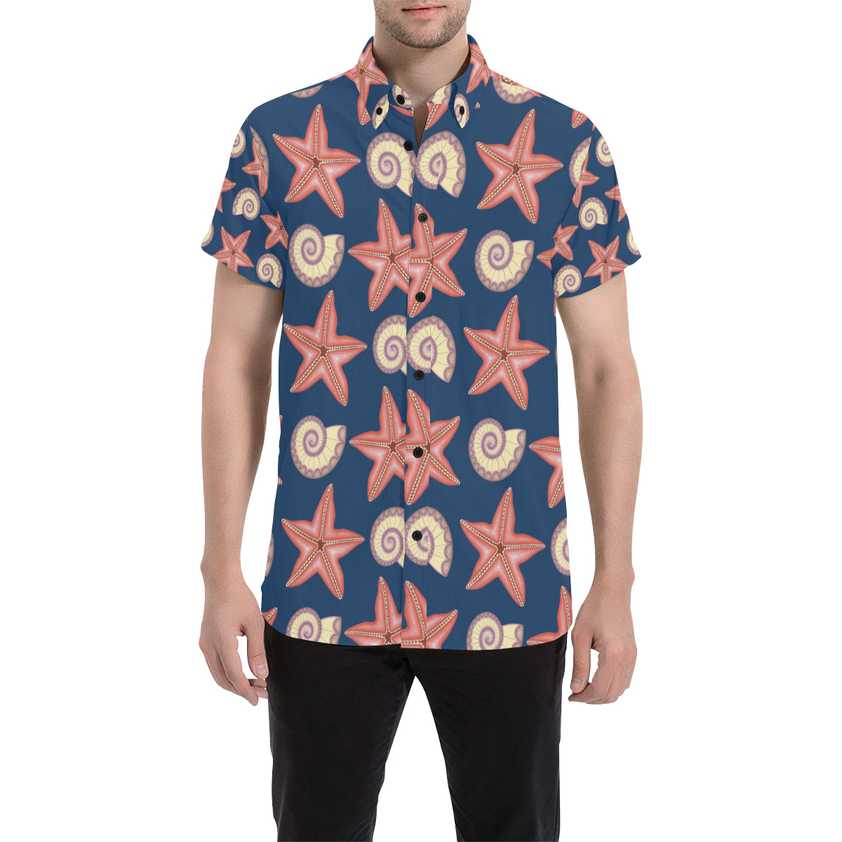 Starfish Pattern Print Design 03 Men's Short Sleeve Button Up Shirt