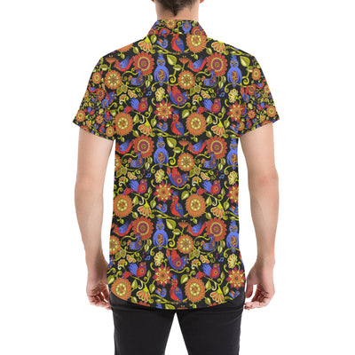 Steampunk Bird Design Themed Print Men's Short Sleeve Button Up Shirt