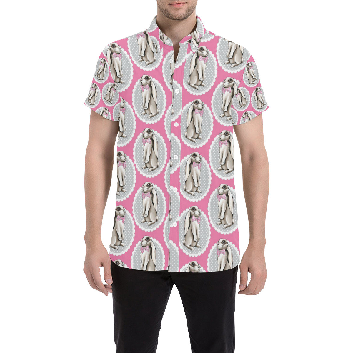 Rabbit Pattern Print Design RB019 Men's Short Sleeve Button Up Shirt