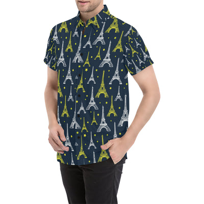 Eiffel Tower Star Print Men's Short Sleeve Button Up Shirt