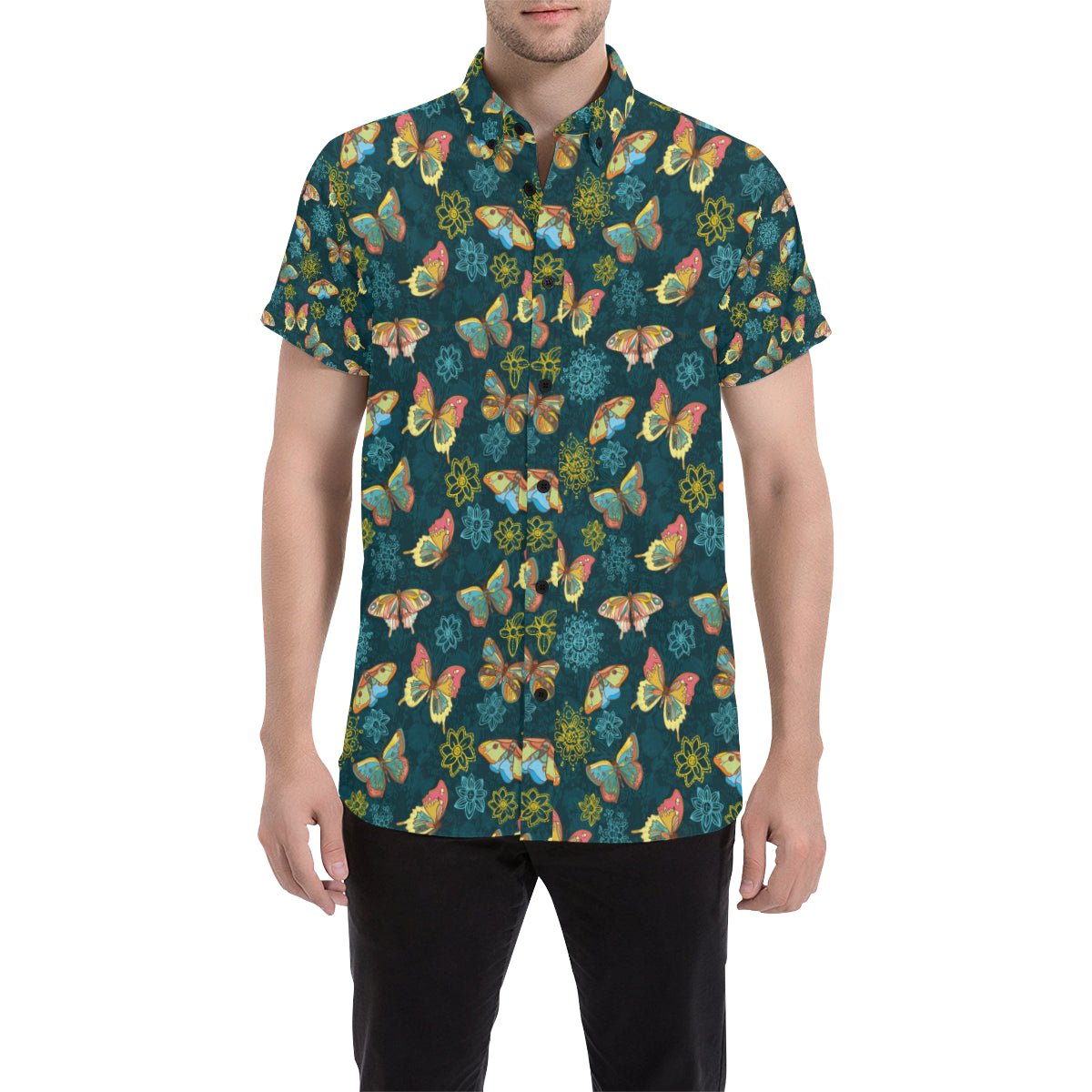 Butterfly Hand Draw Print Pattern Men's Short Sleeve Button Up Shirt