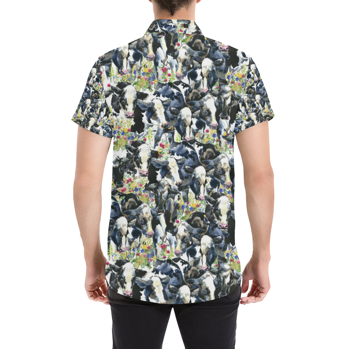 Cow Watercolor Print Pattern Men's Short Sleeve Button Up Shirt