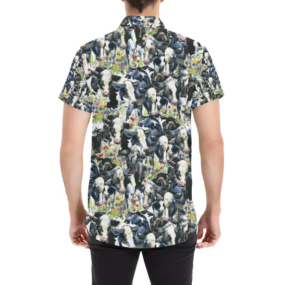 Cow Watercolor Print Pattern Men's Short Sleeve Button Up Shirt
