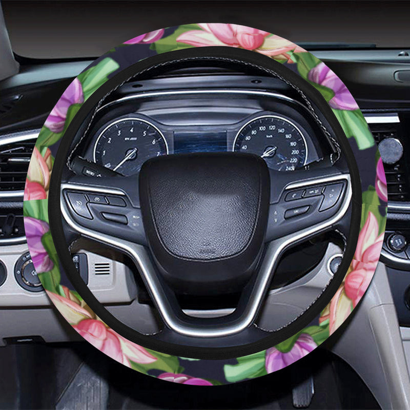 Lotus Flower Print Design Steering Wheel Cover with Elastic Edge