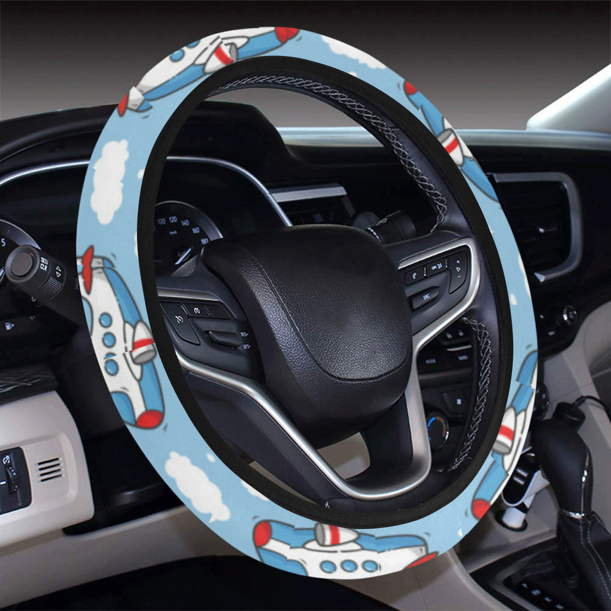 Airplane Cartoon Pattern Print Design 07 Steering Wheel Cover with Elastic Edge