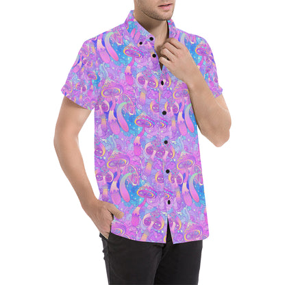 Psychedelic Trippy Mushroom Print Men's Short Sleeve Button Up Shirt