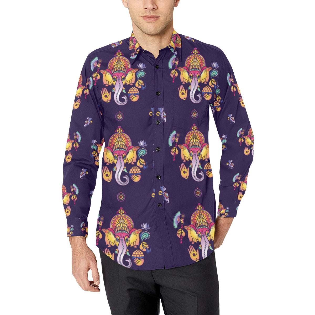 Ganesha Pattern Print Design 04 Men's Long Sleeve Shirt