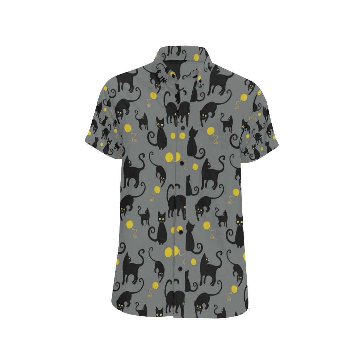 Black Cat Yellow Yarn Print Pattern Men's Short Sleeve Button Up Shirt