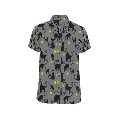 Black Cat Yellow Yarn Print Pattern Men's Short Sleeve Button Up Shirt