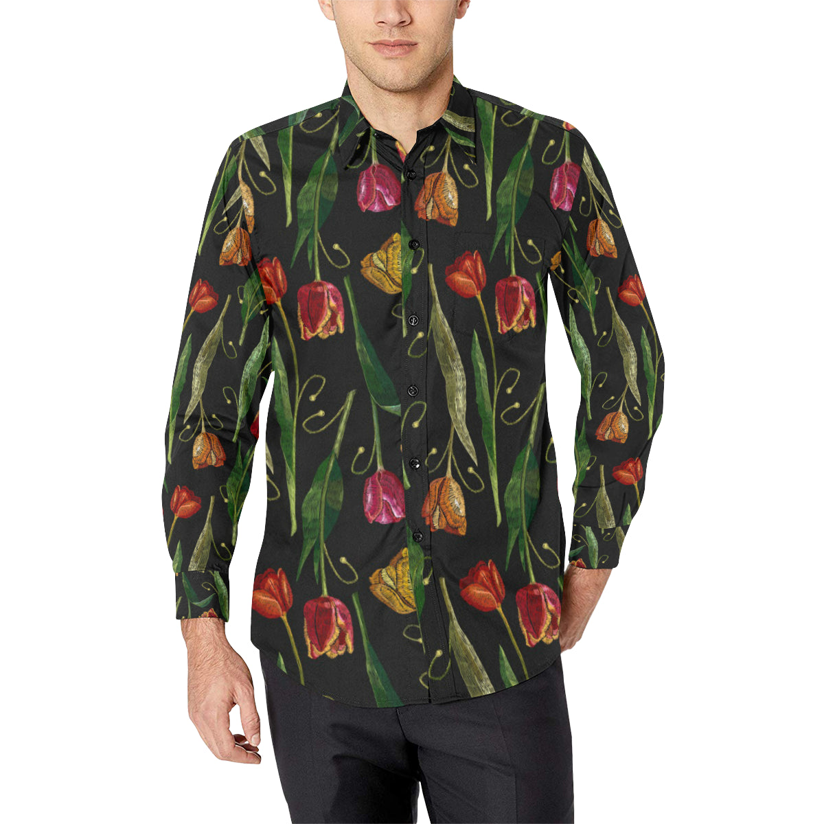 Tulip Embroidered Pattern Print Design TP01 Men's Long Sleeve Shirt