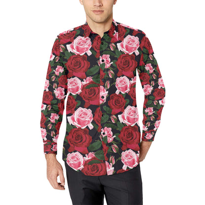 Rose Red Pink Pattern Print Design RO01 Men's Long Sleeve Shirt