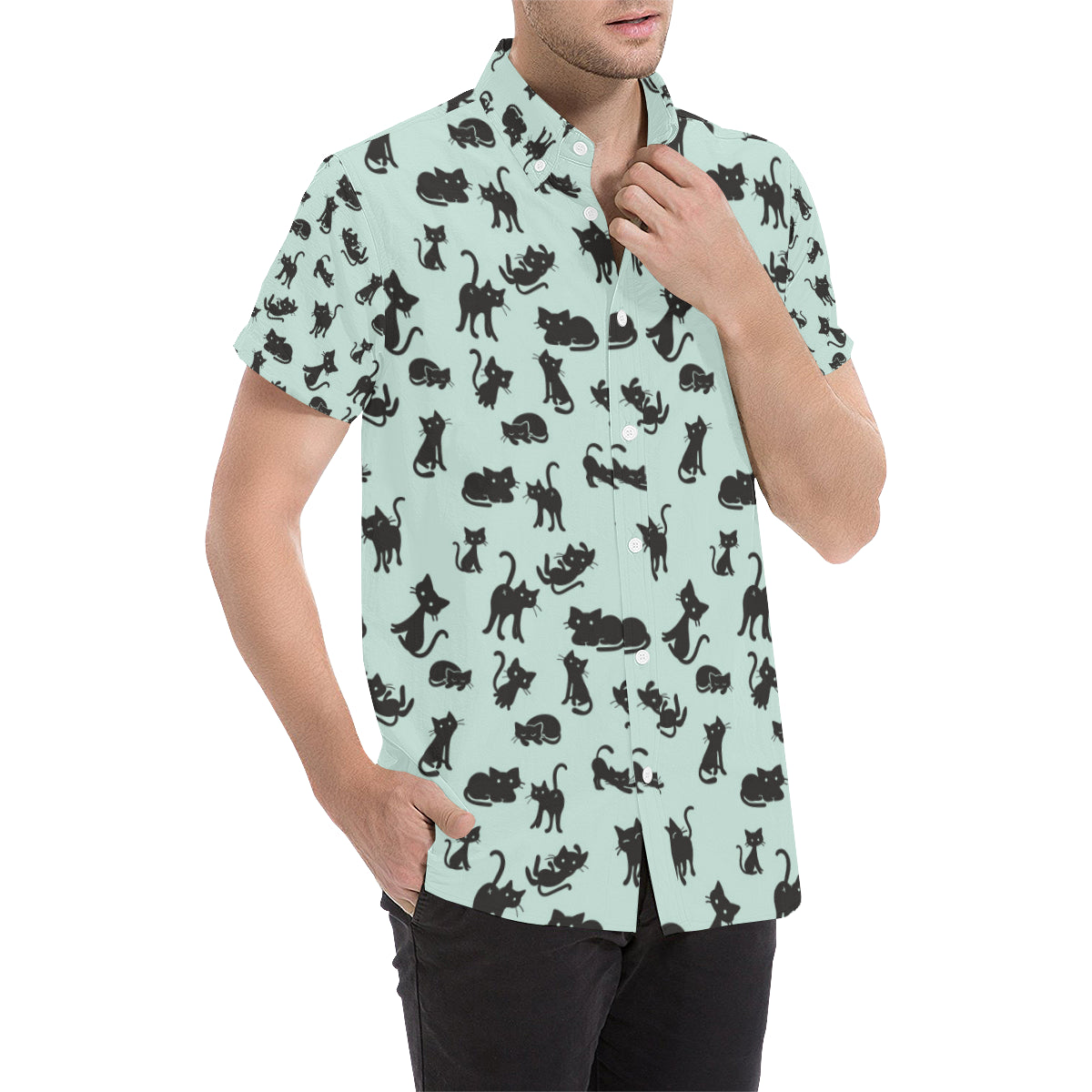 Black Cat Pattern Print Design 04 Men's Short Sleeve Button Up Shirt