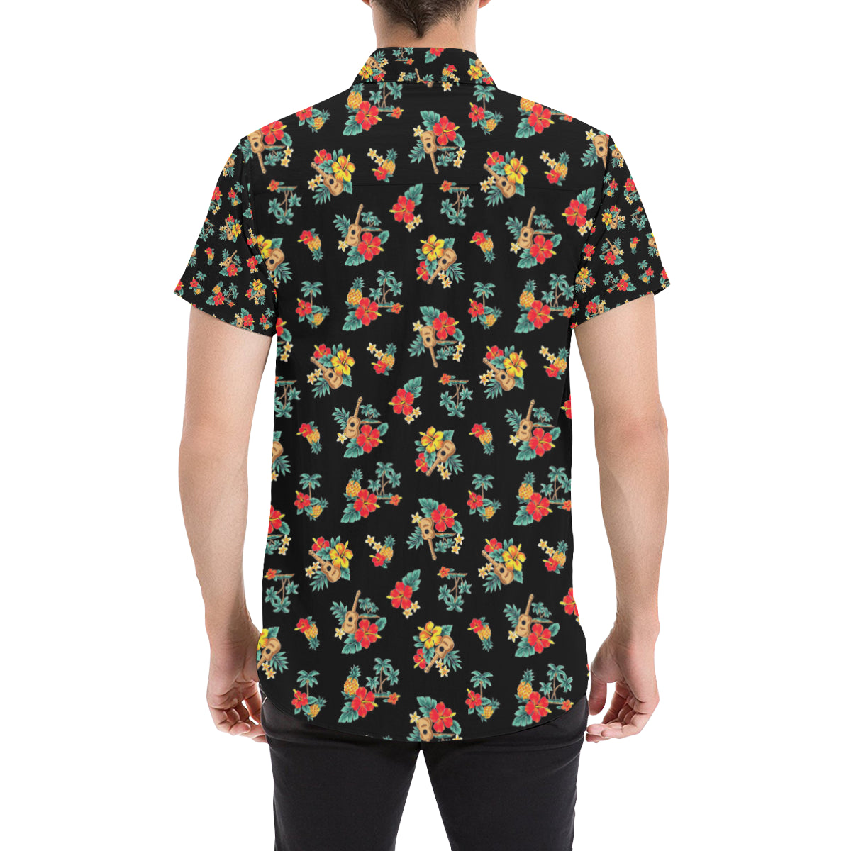 Hawaiian Flower Themed Print Men's Short Sleeve Button Up Shirt